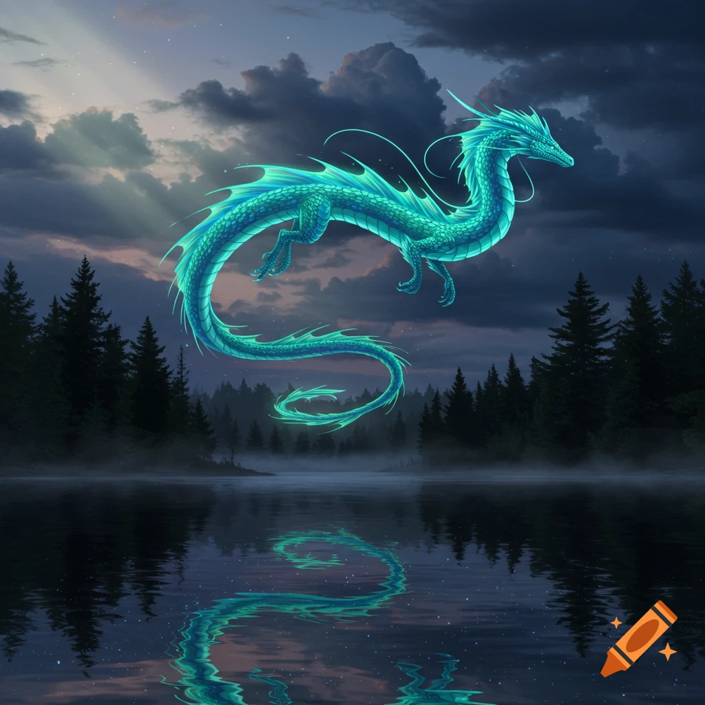 A glowing blue bioluminescent dragon floats above a misty forest lake at dusk, its reflection shimmering on the water.