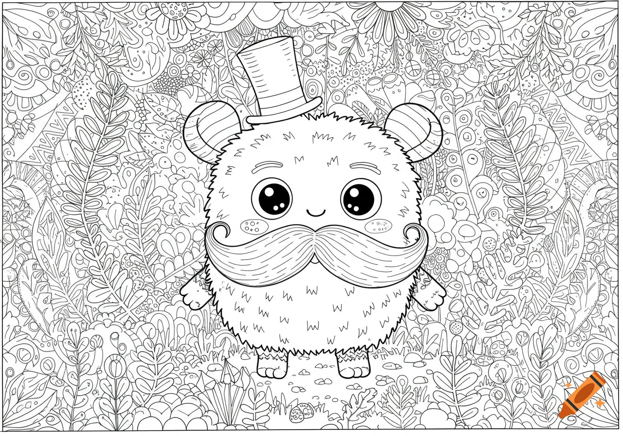 A black and white line art coloring page of a cute, fluffy monster with a large mustache and a top hat, surrounded by intricate floral and leaf patterns.