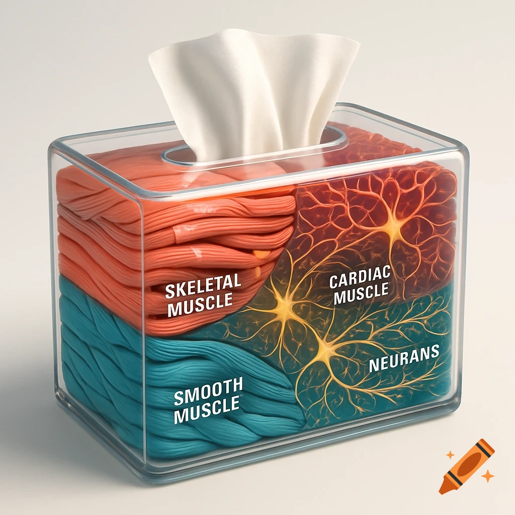 A conceptual 3D diagram shows a clear tissue box filled with human tissues: skeletal, cardiac, smooth muscle, and neurons.