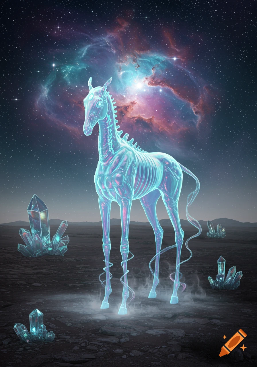 A glowing, translucent alien horse with skeletal ribs stands on a dark, rocky alien planet under a starry sky with a colorful nebula.