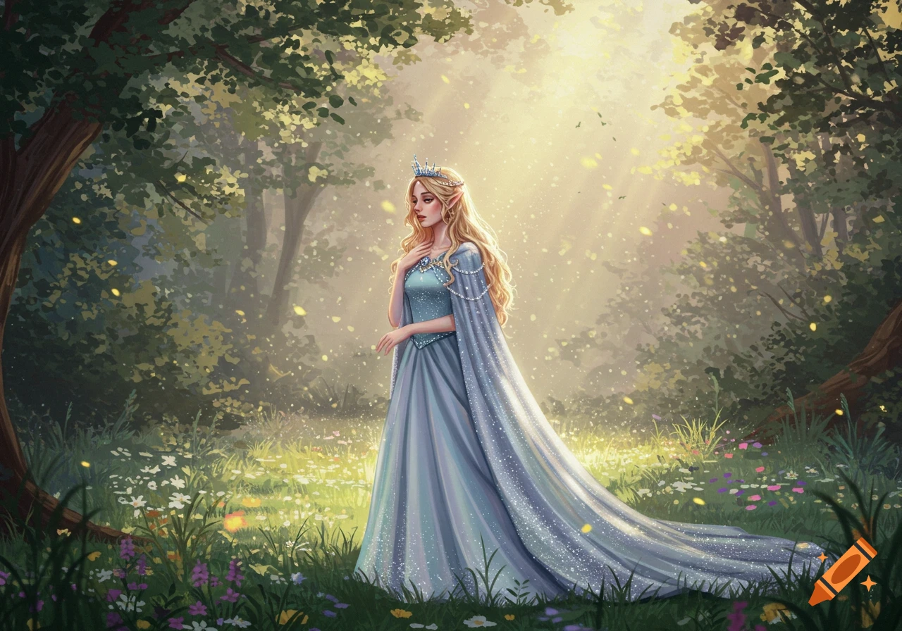 A digital painting of a blonde elf princess in a flowing blue gown and tiara, standing in a sunlit magical forest.