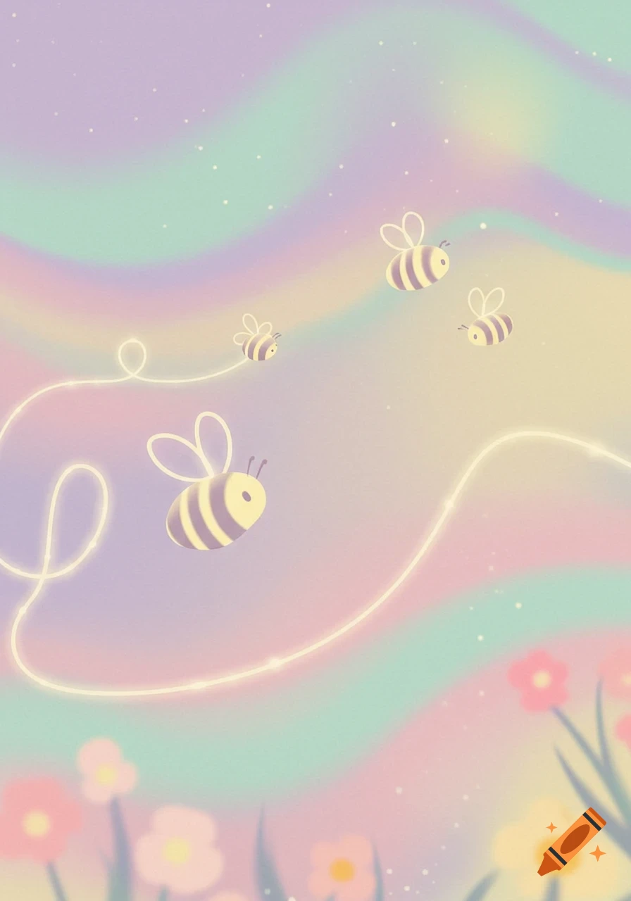 Four cute abstract bees with glowing flight paths fly over pastel flowers against a soft, wavy pastel background.