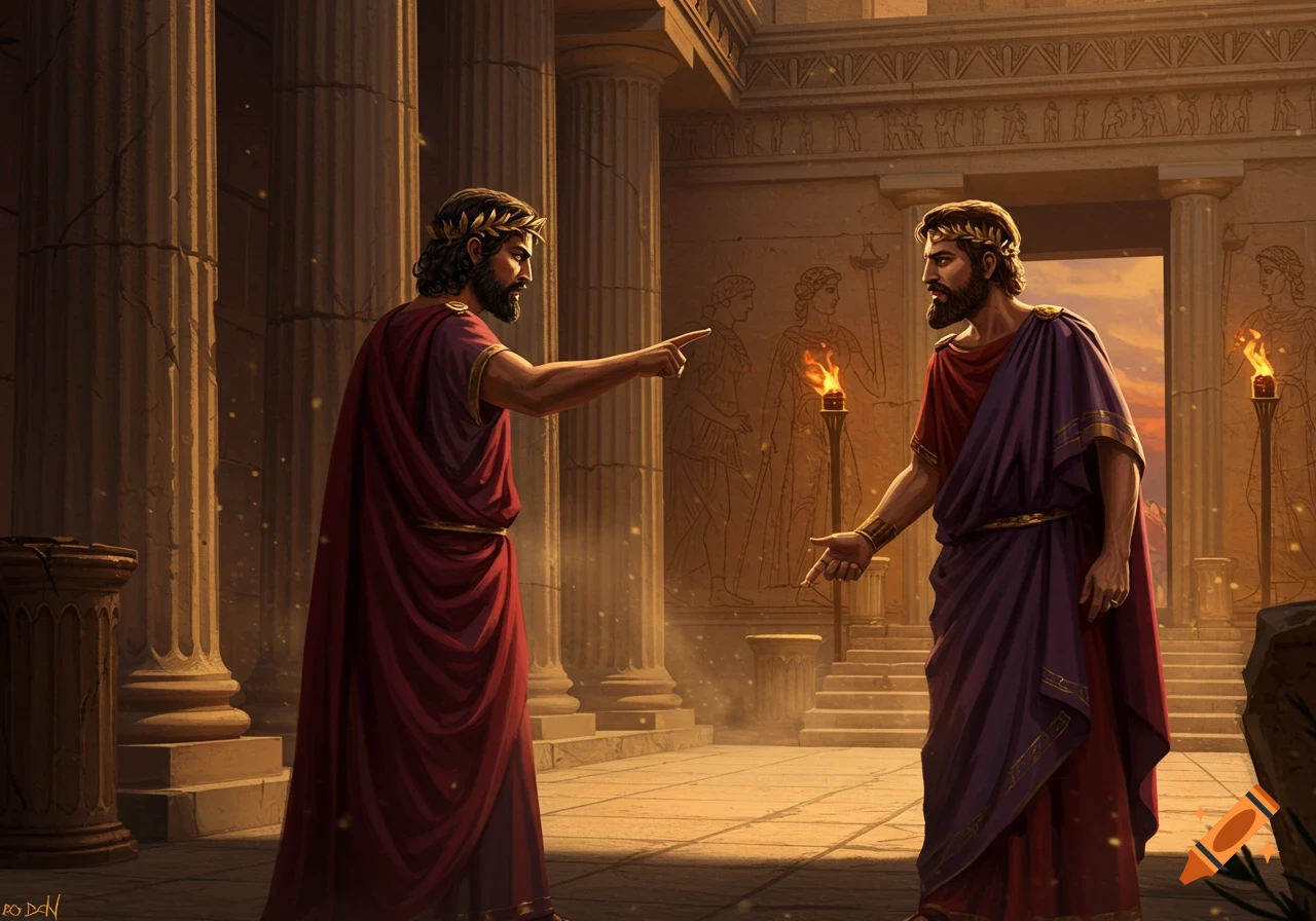 Two bearded men in togas and laurel wreaths argue in an ancient Greek temple, amidst columns and torchlight.