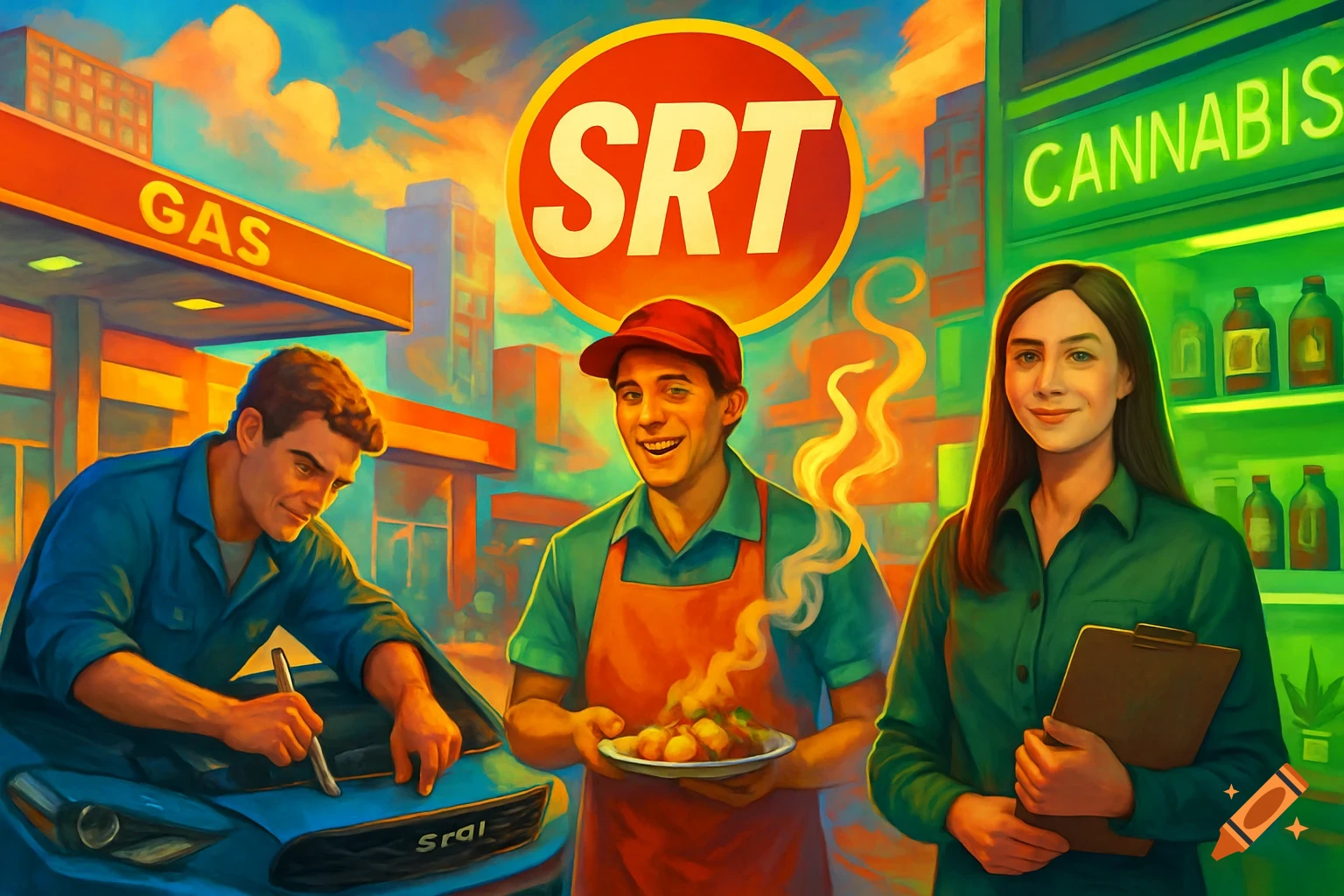 An oil painting style illustration of three people at a gas station, a food stand, and a cannabis dispensary. Signs read "GAS", "SRT", and "CANNABIS".