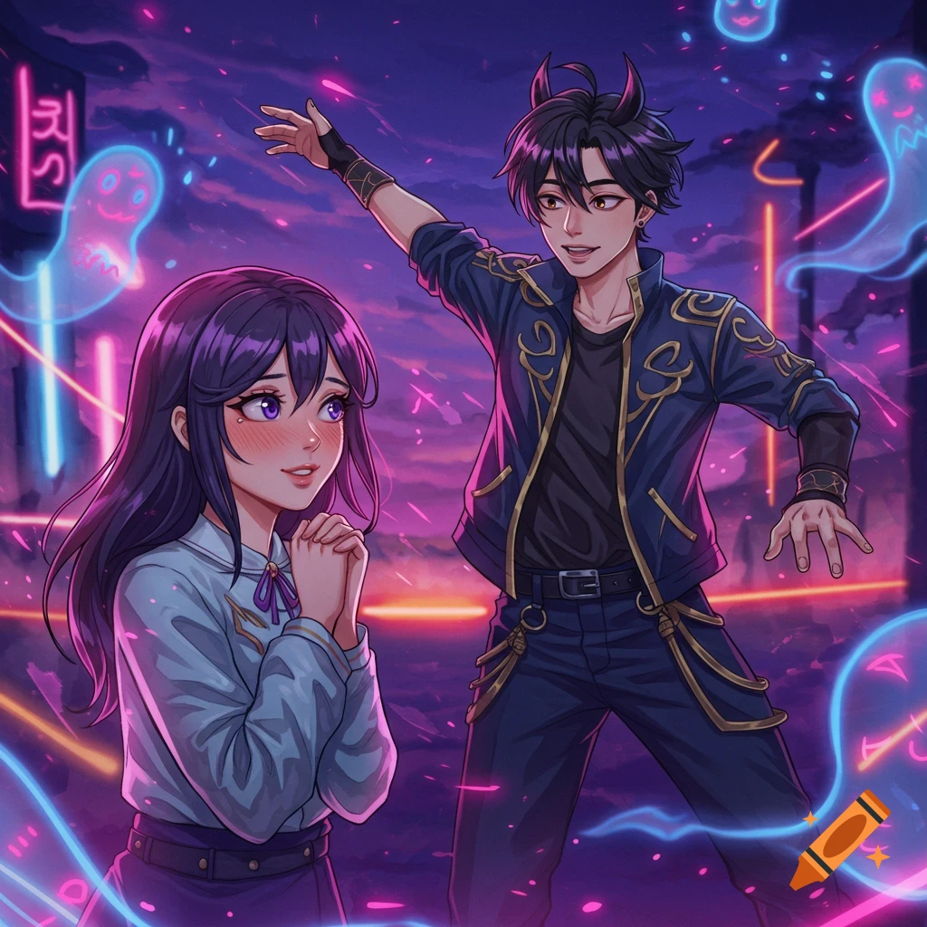 Anime-style illustration of a girl blushing at a horned boy in a neon-lit city with floating ghosts.