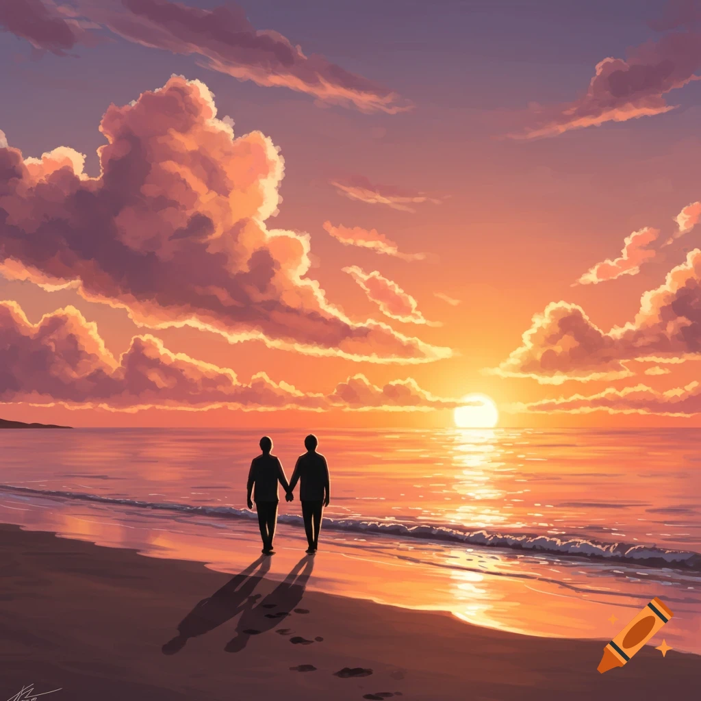 Two silhouetted figures walk hand-in-hand on a beach at sunset, with vibrant orange and purple clouds over the ocean.