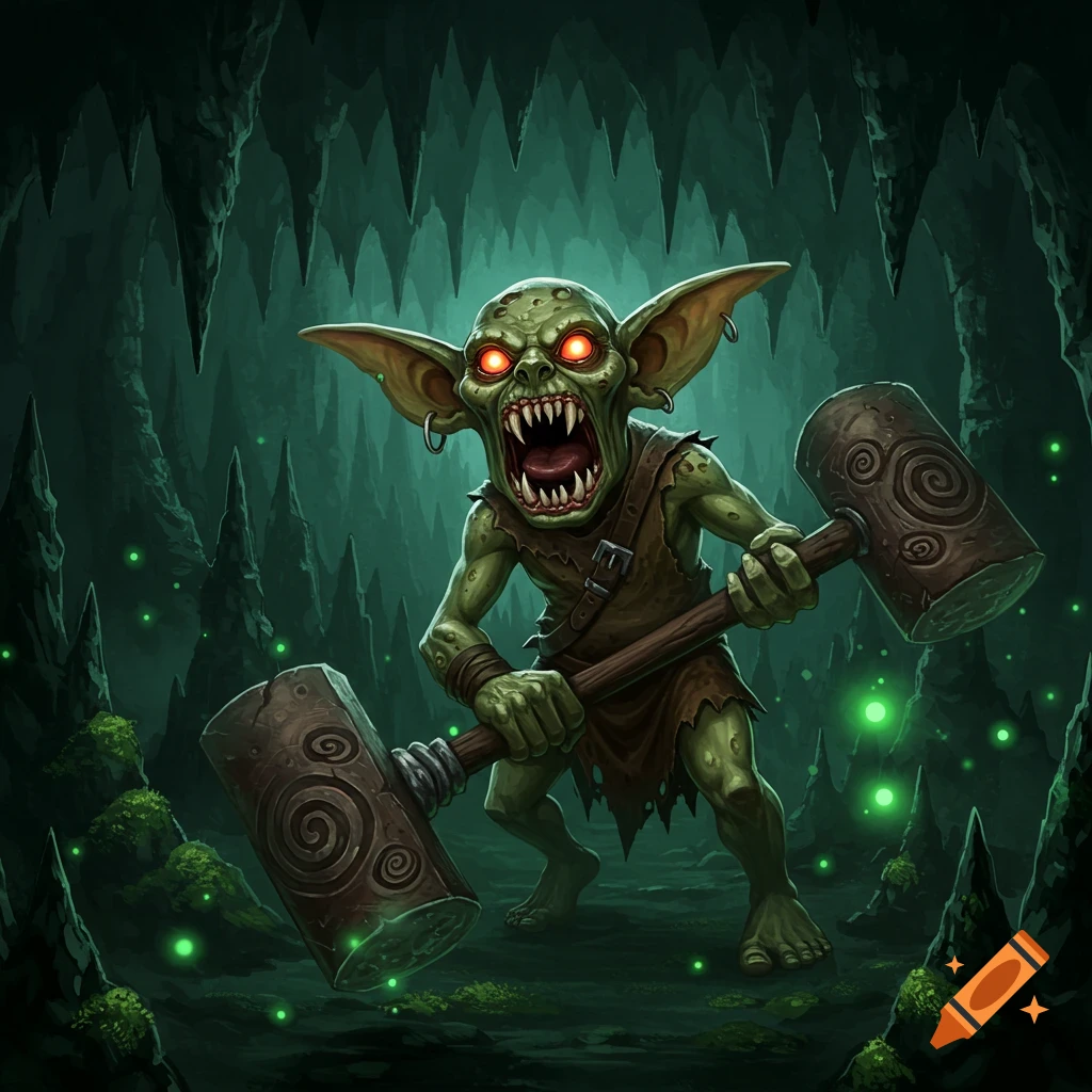 A terrifying green goblin with glowing red eyes and sharp teeth holds two large cartoonish hammers in a dark, stylized cave.