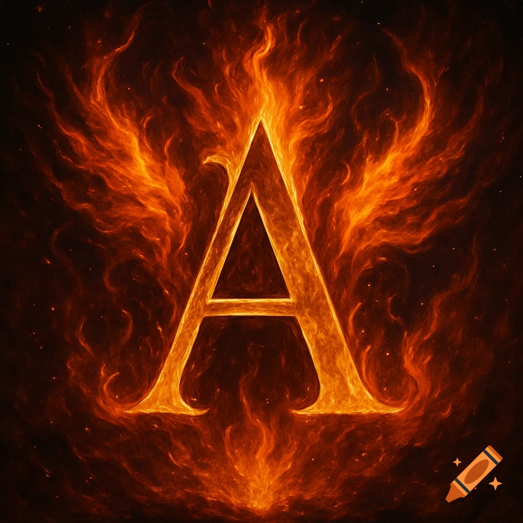 A golden letter A engulfed in vibrant orange and red flames, set against a dark background in a phoenix-style effect.
