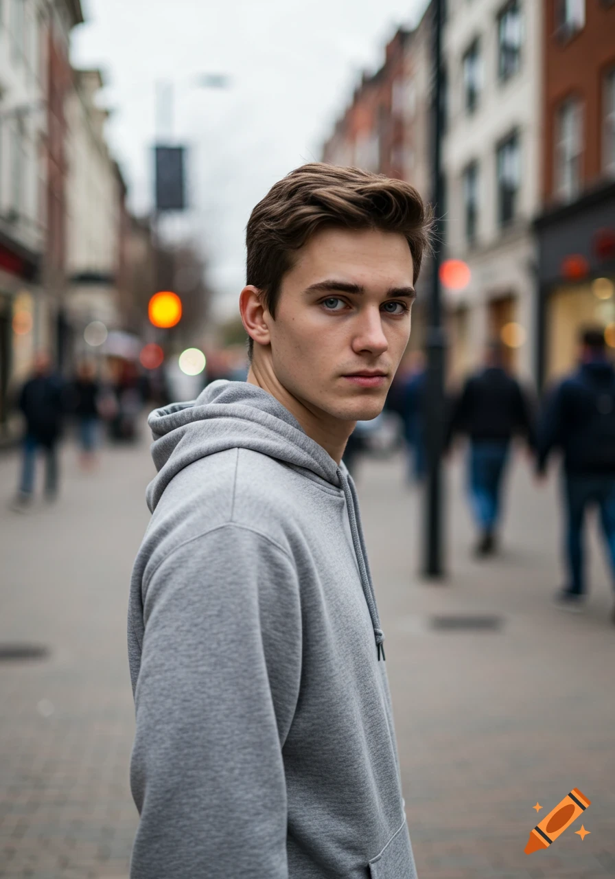 Photorealistic portrait of a young man in a gray hoodie looking back at the viewer on a city street.