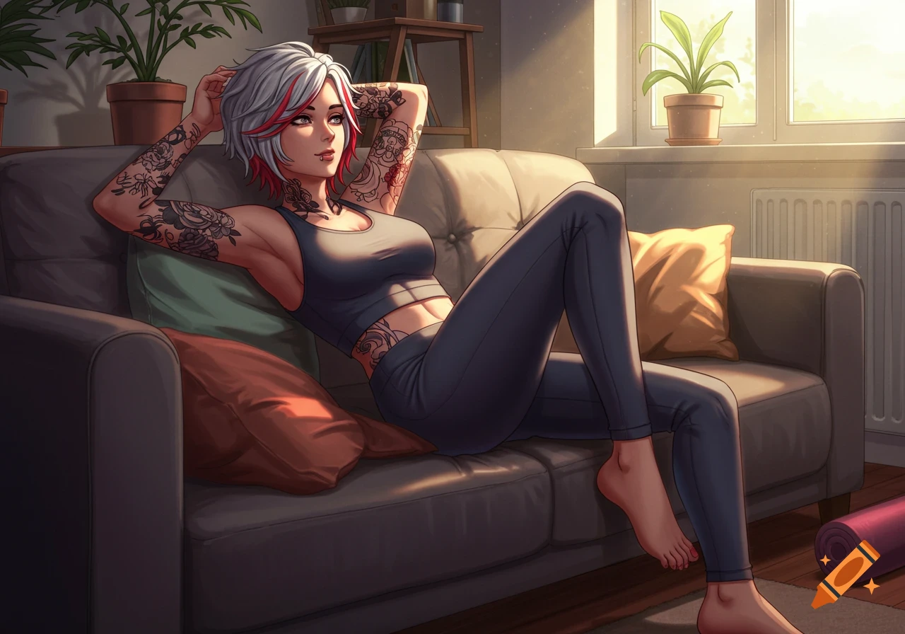 Anime girl with silver and red hair and tattoos, relaxing on a couch in a yoga outfit in a sunlit room.