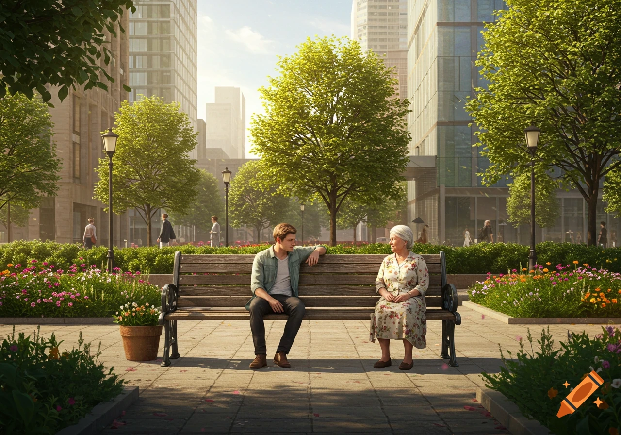 A young man and an old woman sit on a park bench in a vibrant city park with tall buildings and trees in the background. Photorealistic.