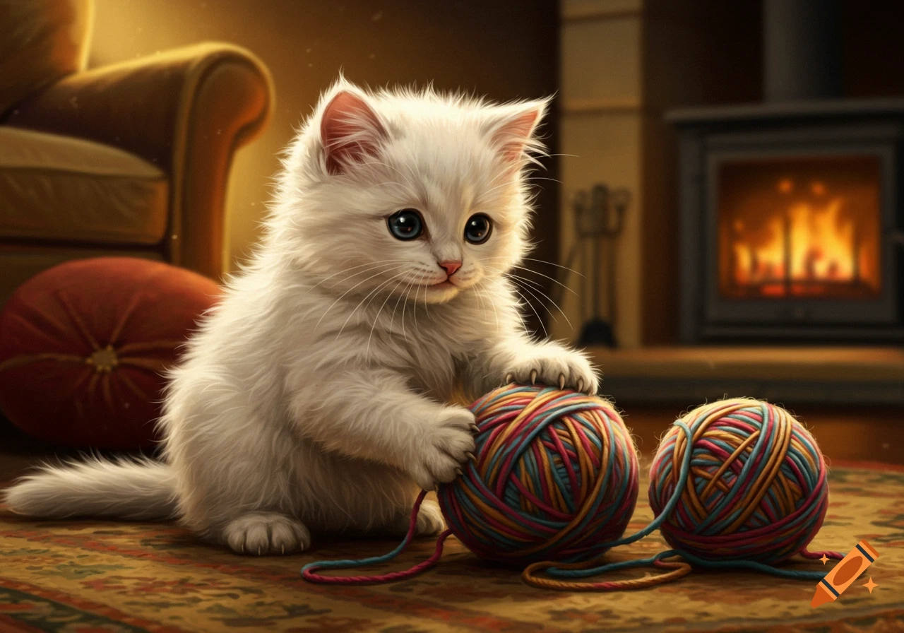 A fluffy white kitten with big blue eyes plays with colorful balls of yarn on a rug in front of a fireplace.