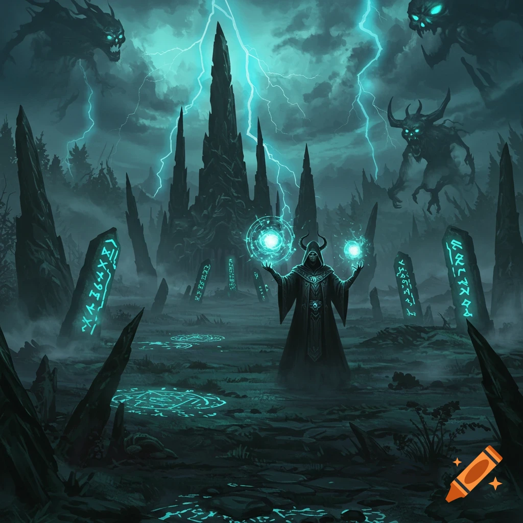 A horned robed figure casts spells amidst glowing runes, spires, and shadowy monsters under a stormy, lightning-filled sky.