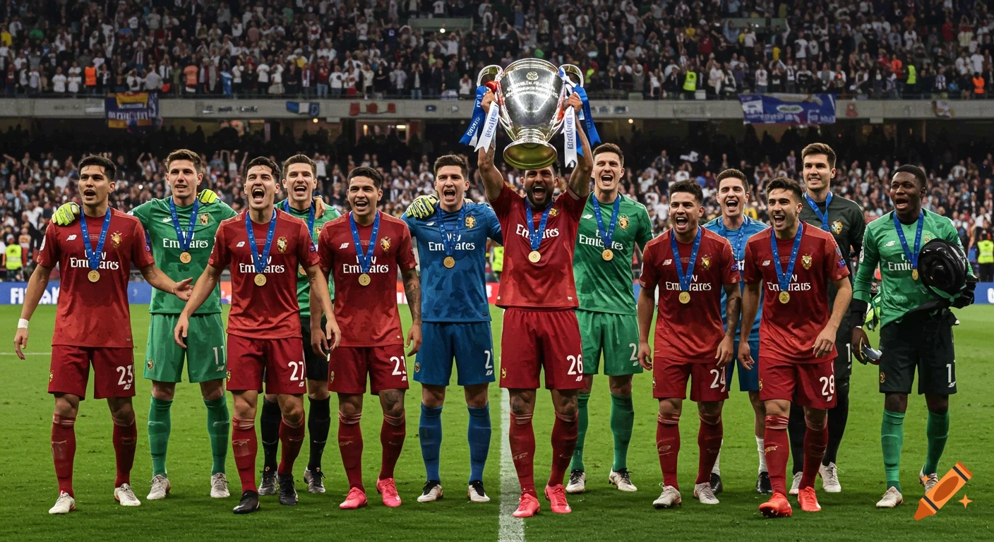 A team of male football players in red and green jerseys celebrating with a large silver trophy on a stadium pitch, cheered by a crowd.