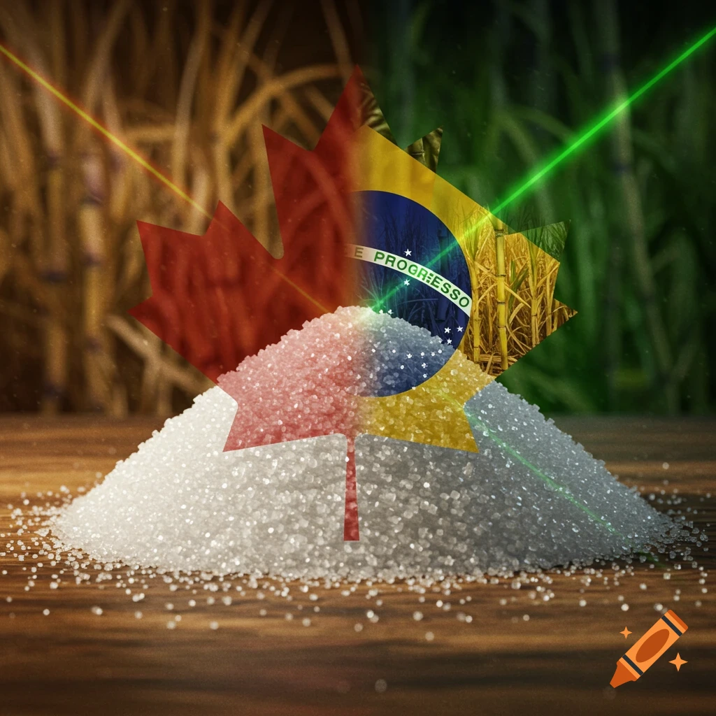 Maple leaf and Brazil flag rising from a pile of sugar, with sugar cane fields in the background.
