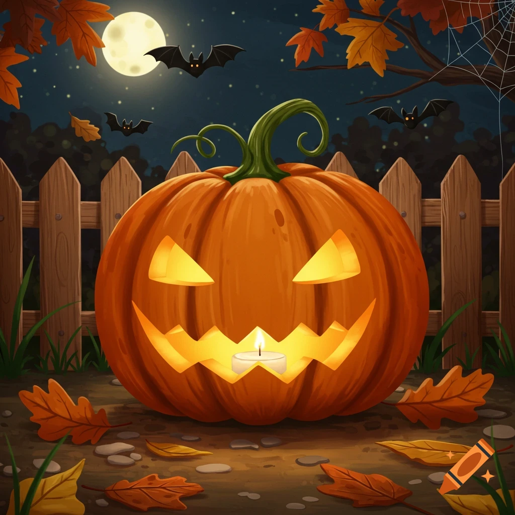A glowing jack-o'-lantern with a candle, surrounded by autumn leaves, a fence, bats, and a full moon at night, in an illustration style.
