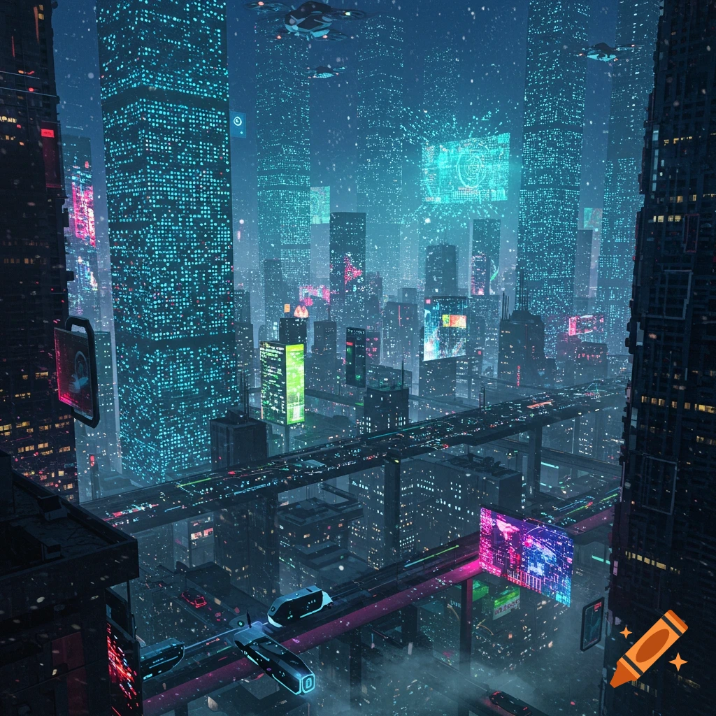 A vibrant, neon-lit cyberpunk city at night, with towering skyscrapers, elevated roadways, and flying vehicles under a hazy, snowy sky.