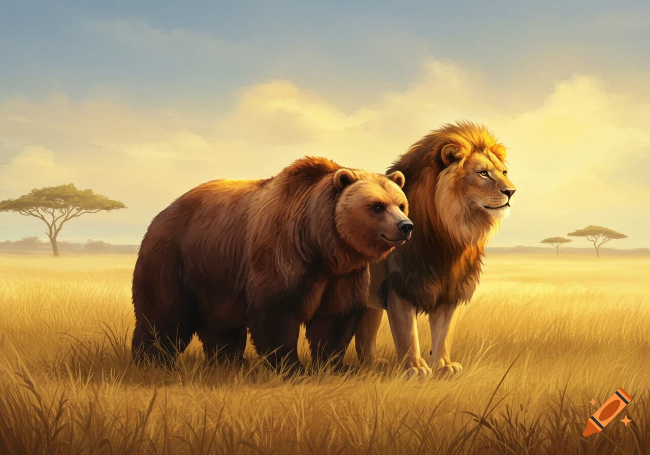 A photorealistic brown bear and a male lion stand together in a golden grassy savanna at sunset.