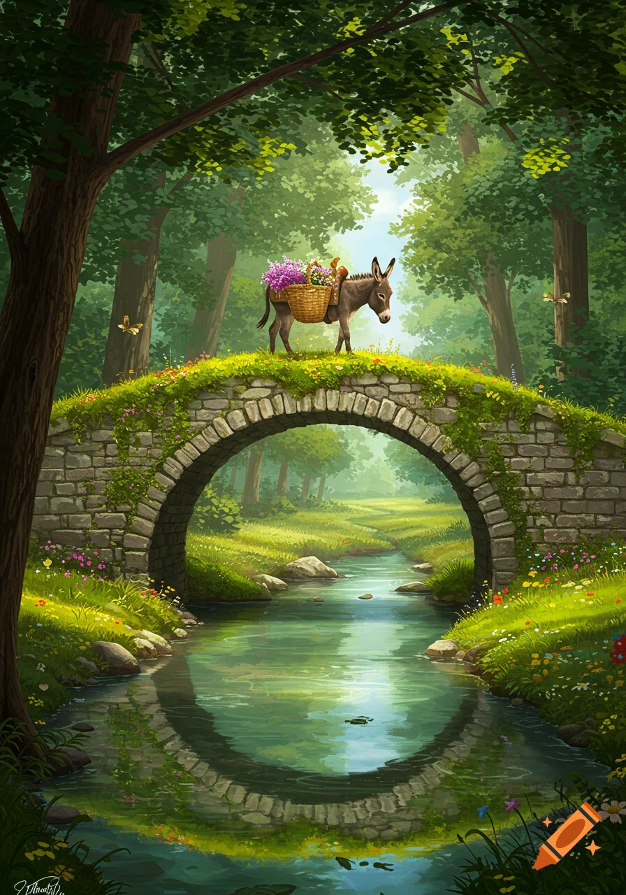 A colorful illustration of a donkey carrying a basket of flowers across a stone bridge over a stream in a lush green forest.