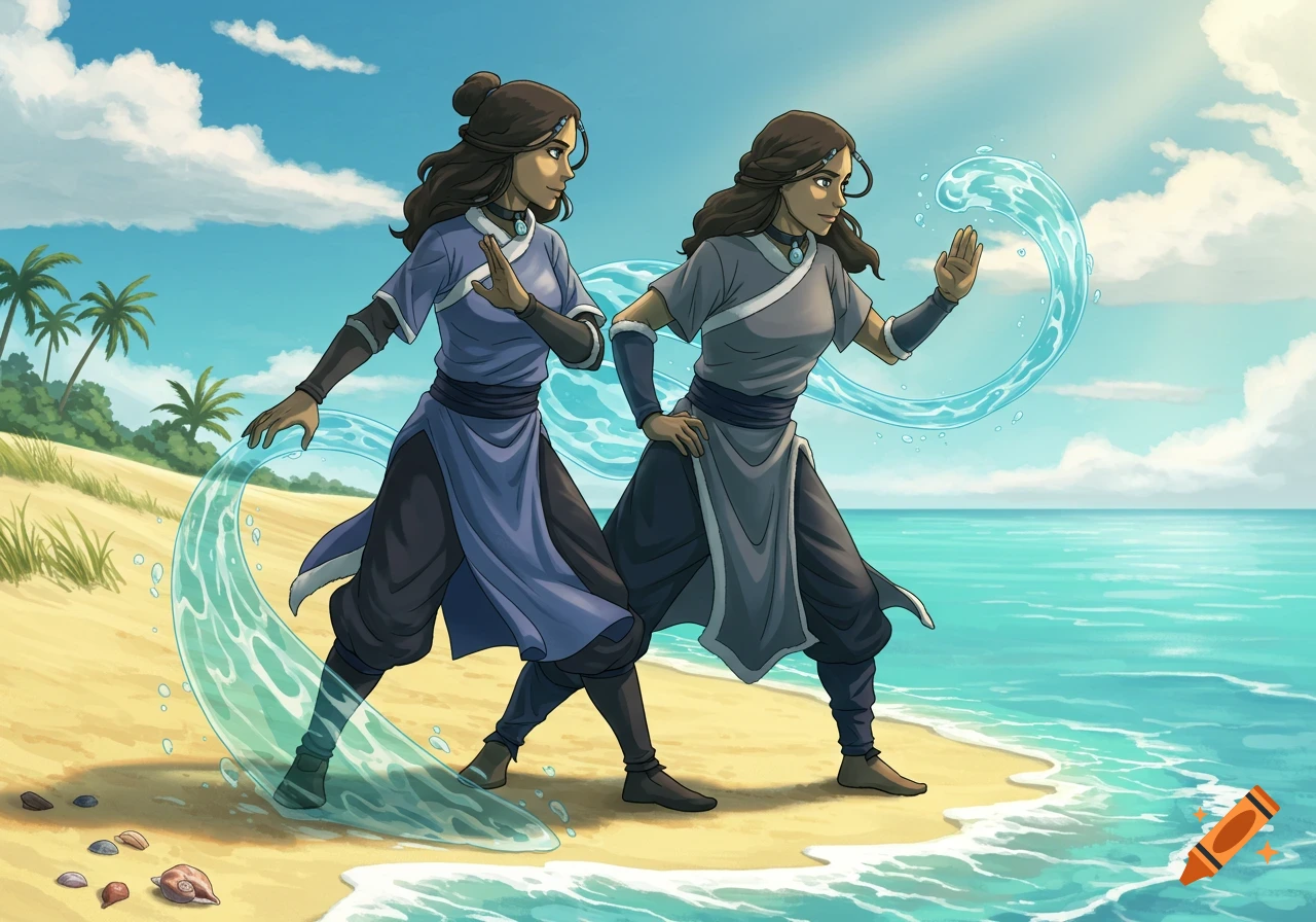 Anime illustration of two women, resembling Katara, waterbending on a sandy beach under a blue sky.
