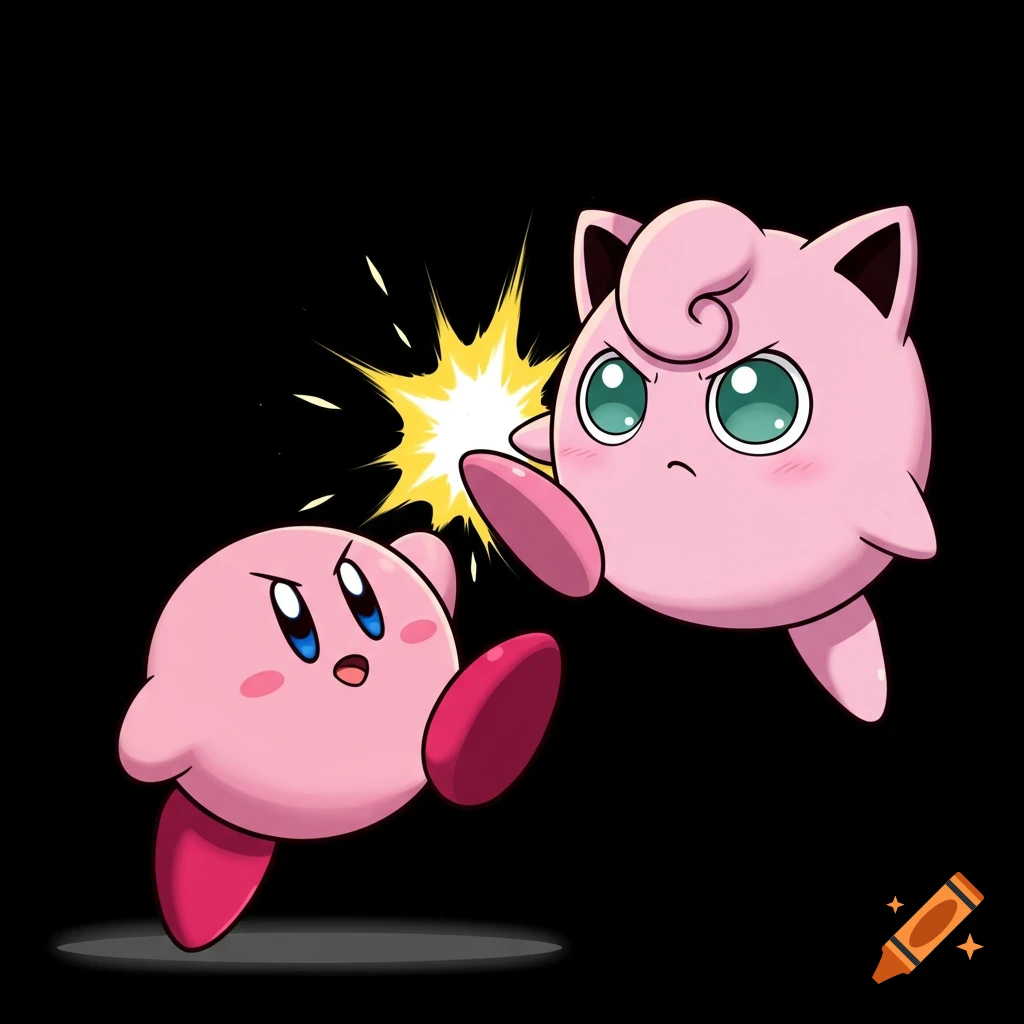 Jigglypuff kicks Kirby in the face, indicated by a yellow starburst, on a black background in an anime style.