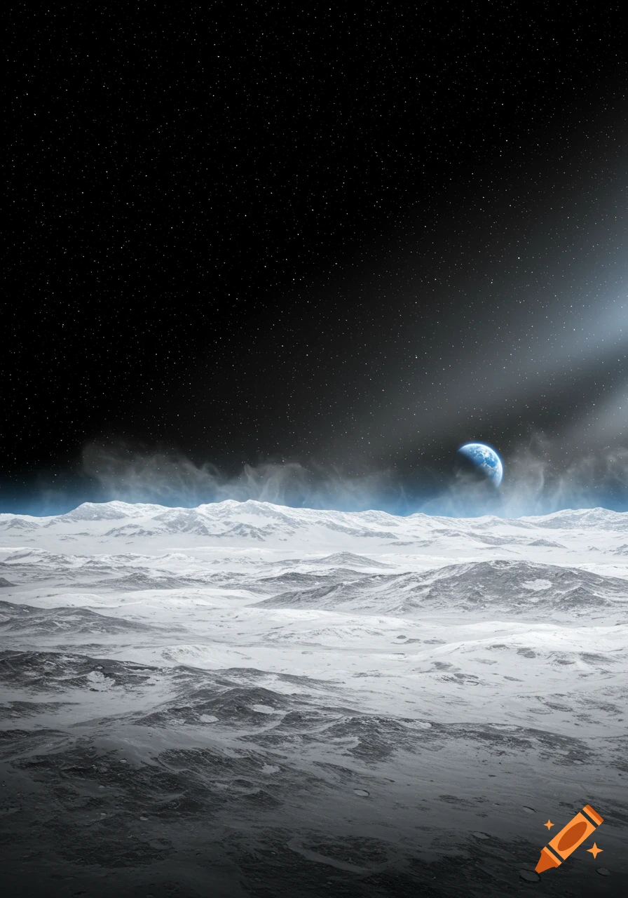 A photorealistic view of a desolate, snow-covered moon surface under a starry sky, with Earth visible in the hazy distance.