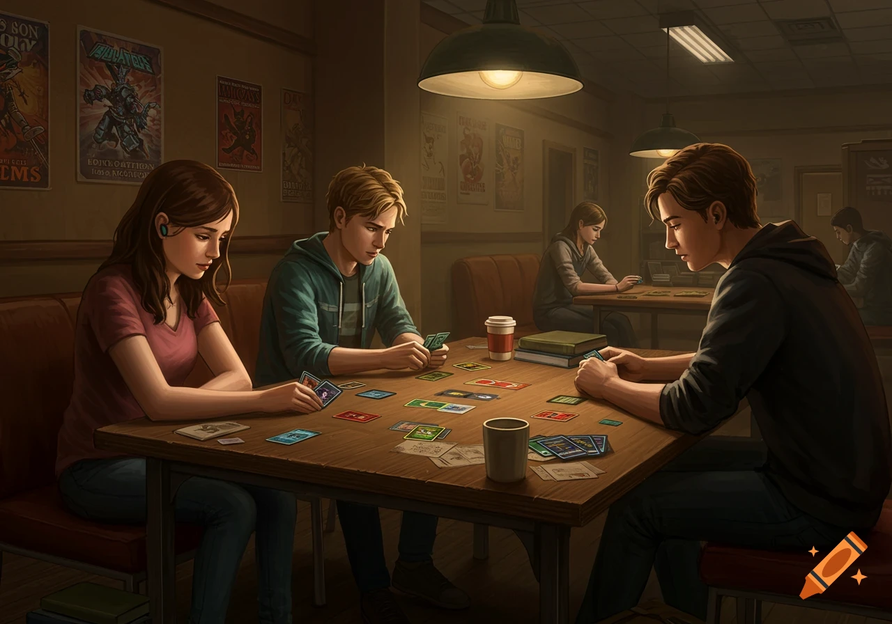 Three young adults play a trading card game at a wooden table in a dimly lit cafe setting. Other patrons are in the background.