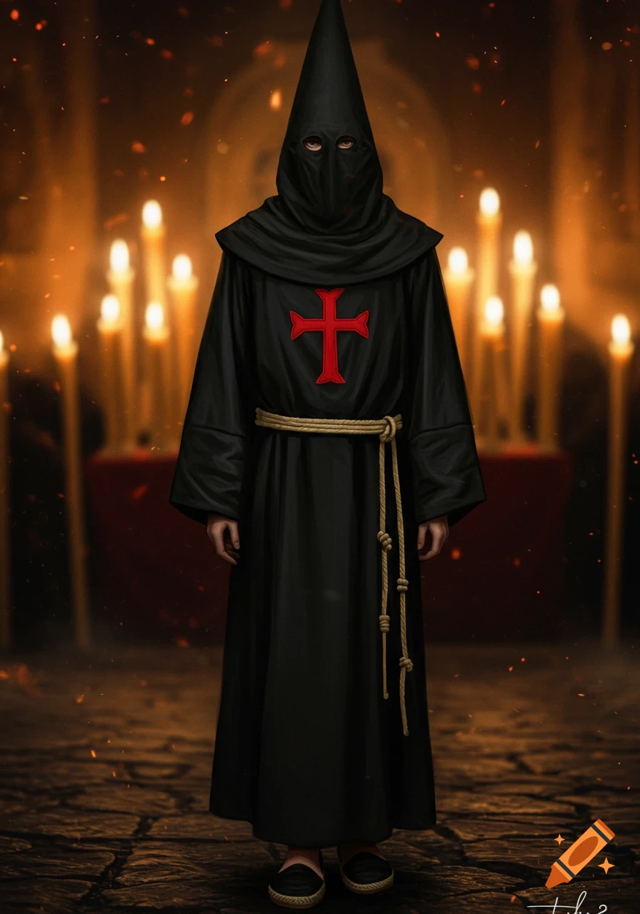A solemn figure in a black hooded robe with a red cross on the chest stands before many lit candles in a dark, ritualistic setting.