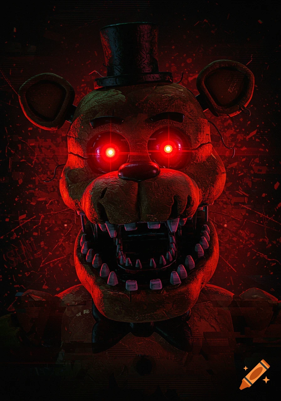 Close-up of a menacing, gold-colored animatronic bear, Freddy Fazbear, with bright glowing red eyes and sharp teeth, set against a dark, chaotic red background with glitch effects. Stylized and dark.