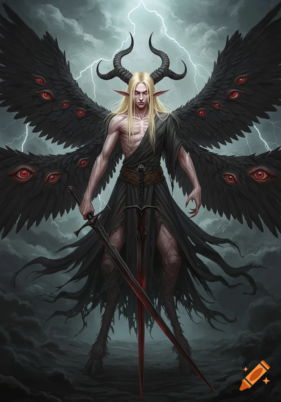 Pale, gaunt, androgynous horned entity with blonde hair, goat legs, and black wings covered in red eyes, holding a sword in a storm.