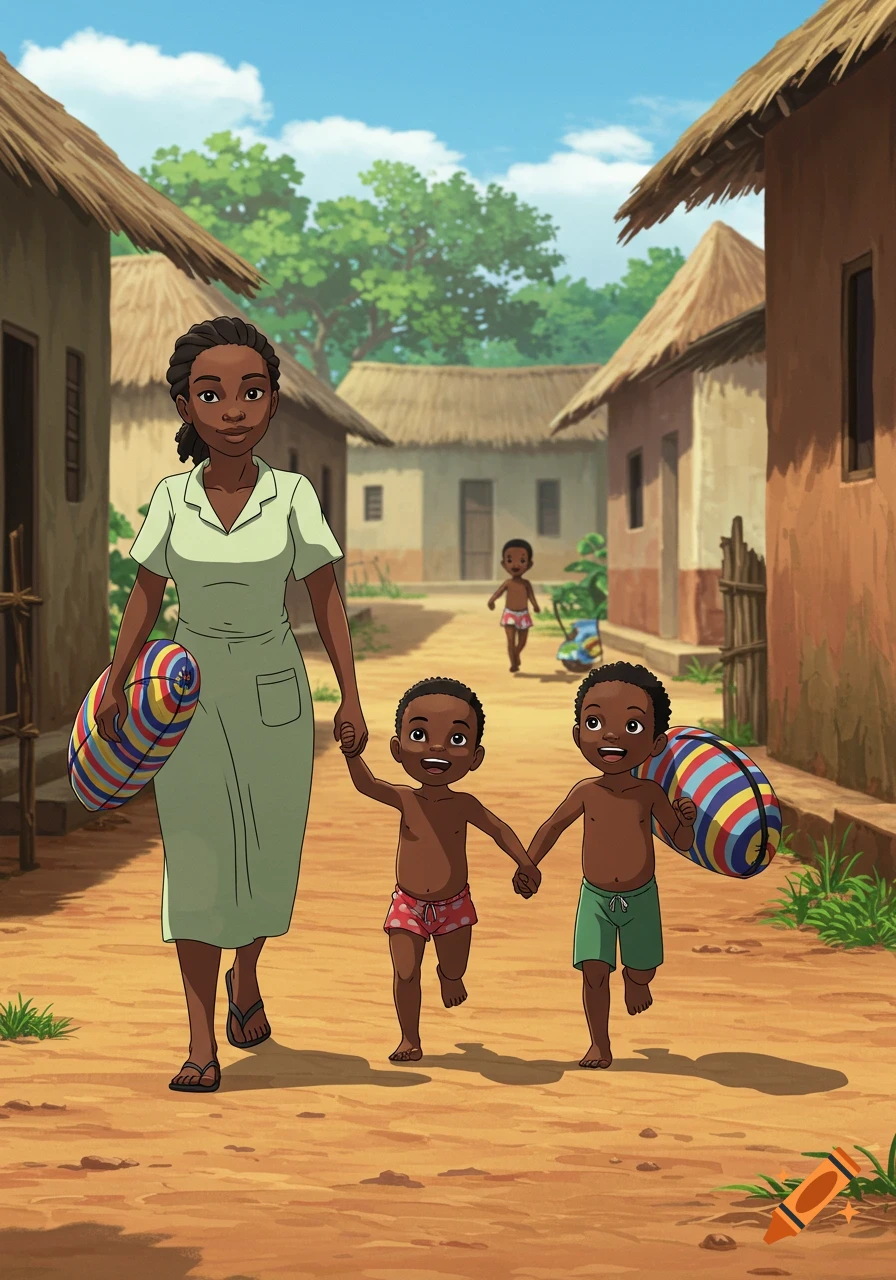 Cartoon of an African woman walking with two children holding hands, a third child in the background, in a village with thatched-roof houses.