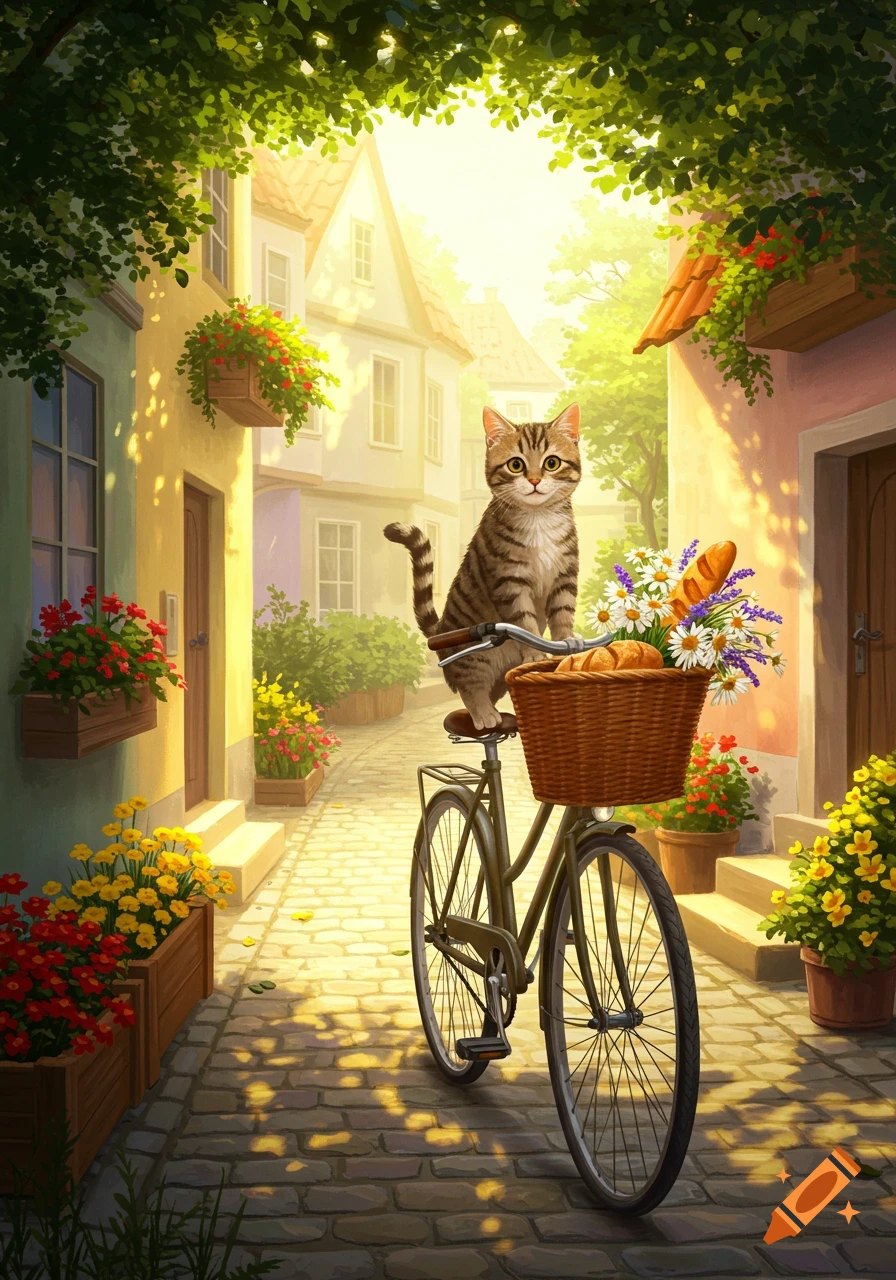 A cute tabby cat sits on a vintage bicycle, its basket full of bread and flowers, on a sunny, flower-lined cobblestone street with colorful buildings in a vibrant illustration.