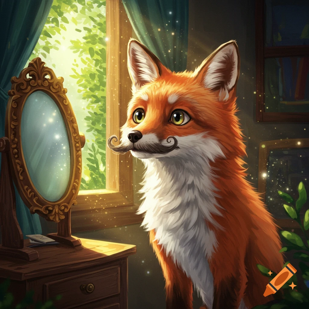 A whimsical illustrated fox with a twirly mustache looks into a gold-framed mirror by a sunlit window.