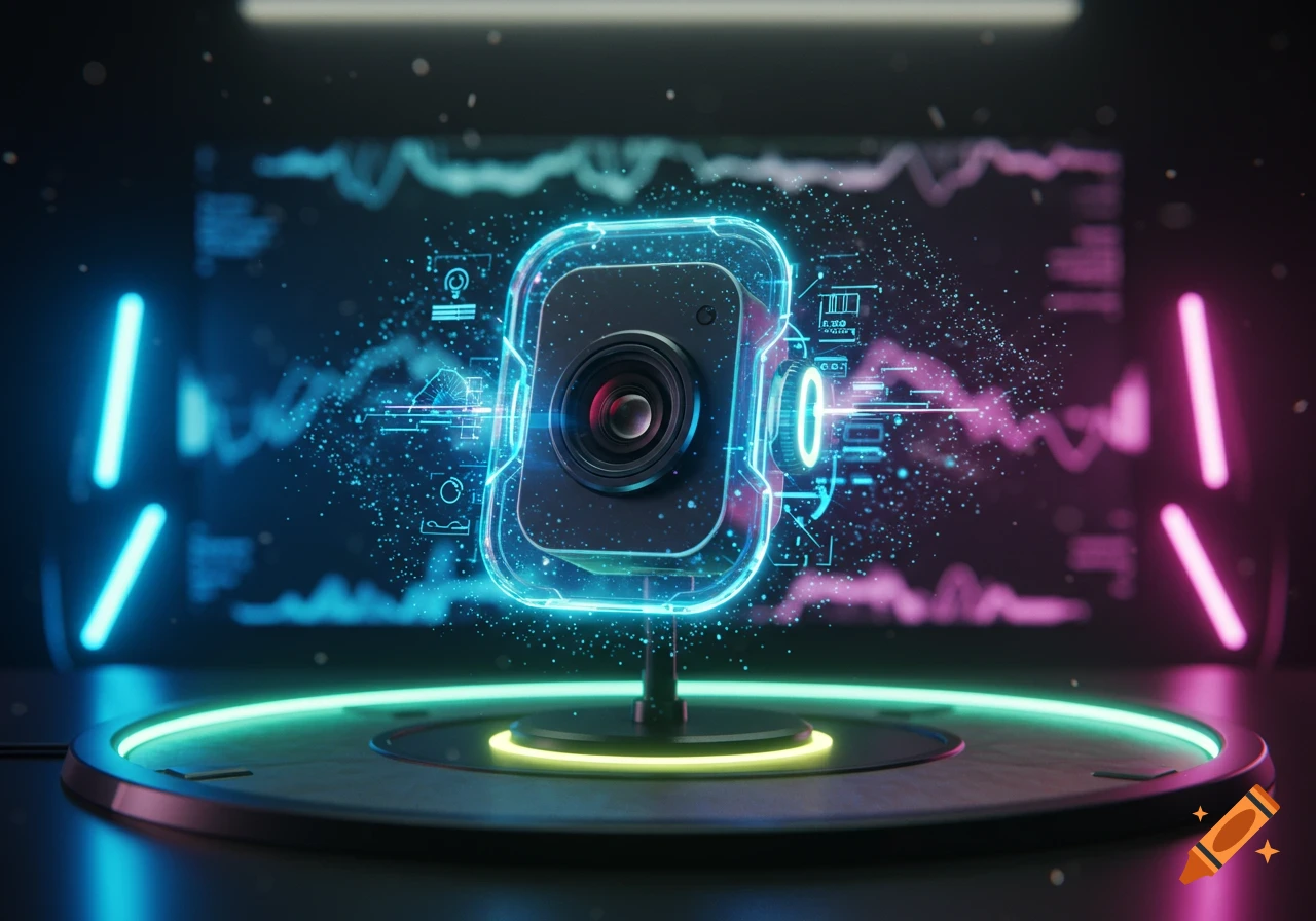 Futuristic facecam with neon blue and pink glowing outlines, surrounded by abstract data on a lit circular platform.