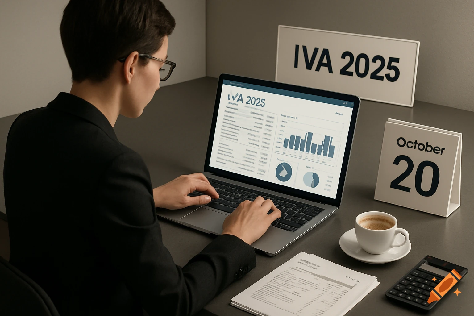 A person in a black suit works on a laptop showing accounting software with charts. A sign reads "IVA 2025," and a calendar displays "October 20." A calculator and coffee are on the desk.
