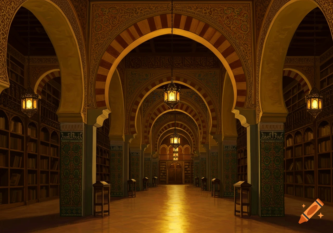 Grand Moorish library hall with intricate arches, glowing lanterns, and rows of bookshelves.