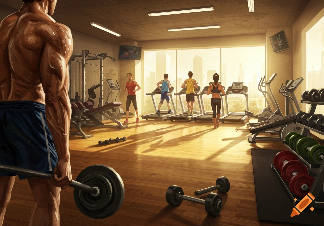 Muscular man lifting weights in a sunny gym with large windows, while others run on treadmills, depicted in an illustration style.
