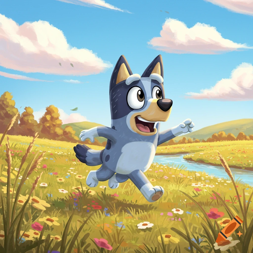 Joyful Bluey, a blue dog cartoon character, runs through a sunny, colorful meadow with a river.