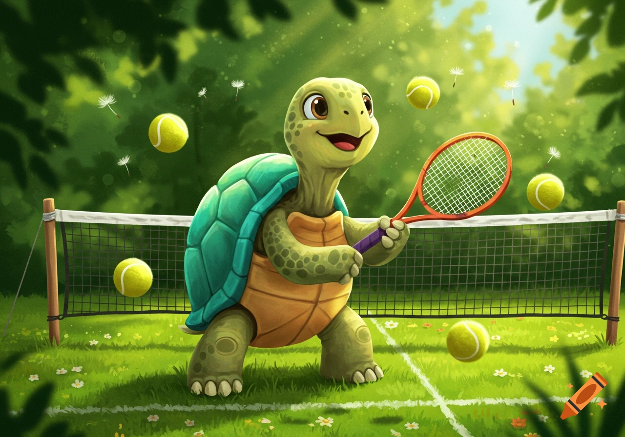 Cute cartoon turtle playing tennis on a grassy court with a net and tennis balls in a vibrant, illustrative style.