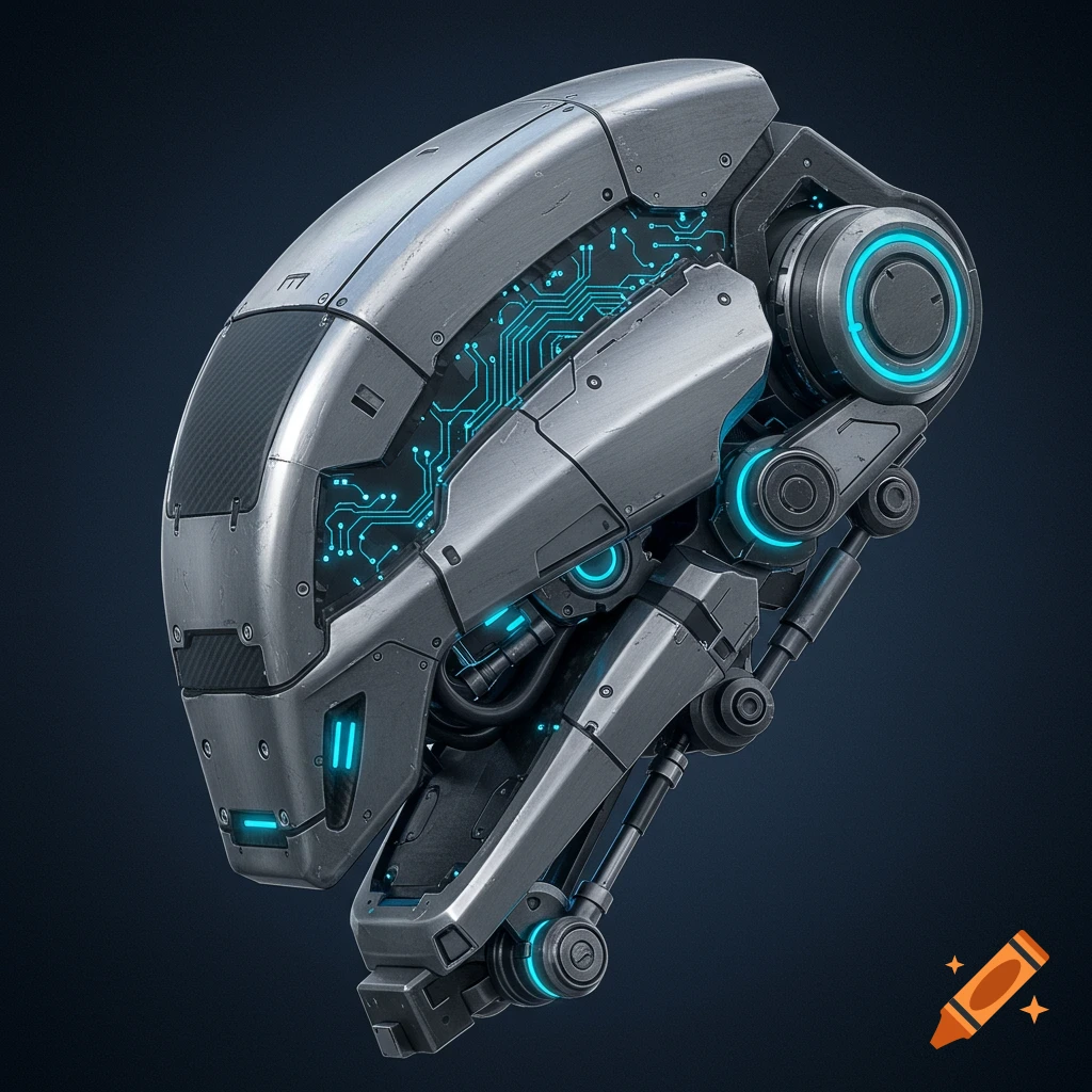 A silver, metallic robot head with glowing blue circuit patterns and lights against a dark background, in a futuristic style.