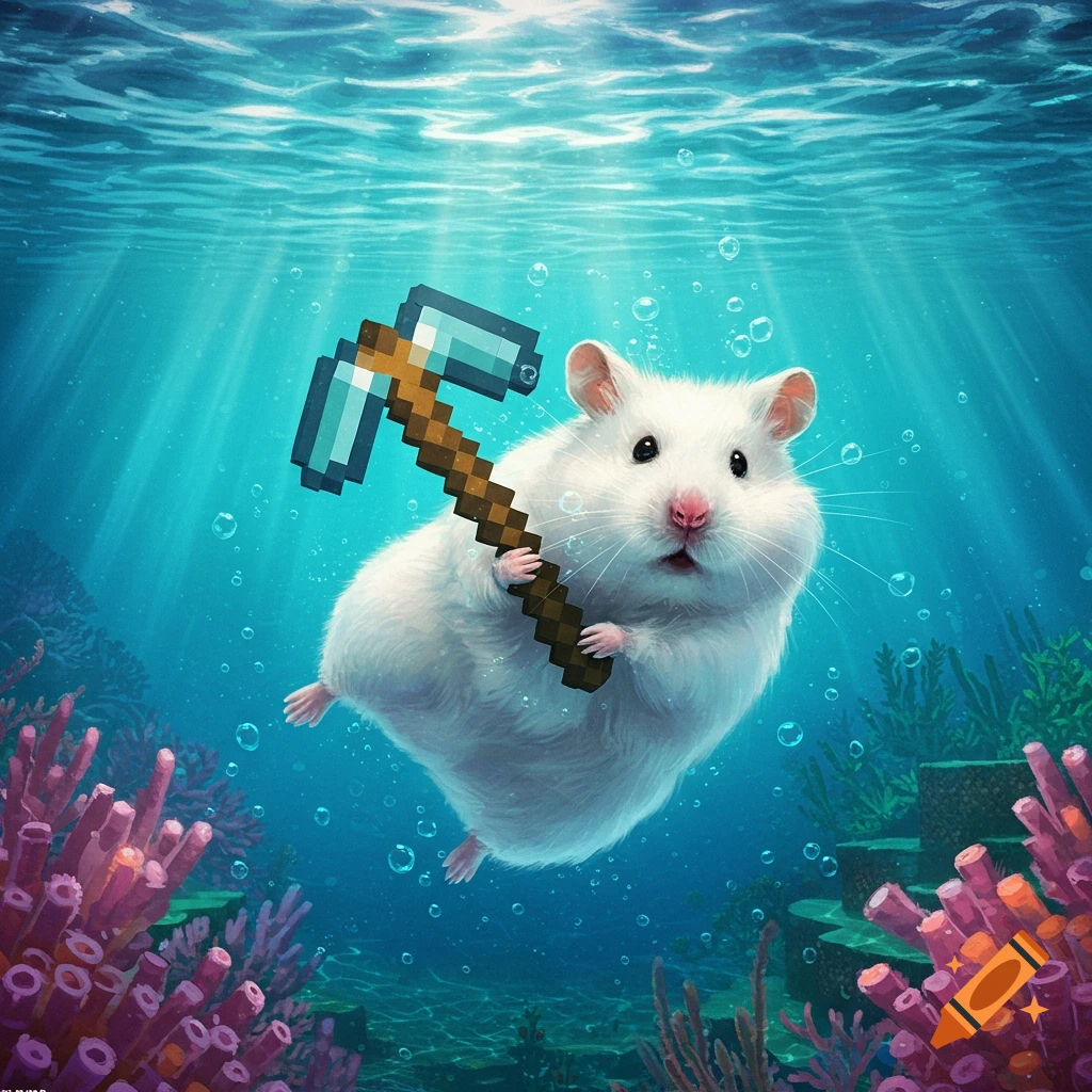 A fluffy white hamster swims underwater, holding a pixelated Minecraft diamond pickaxe. Light rays shine through clear blue water.