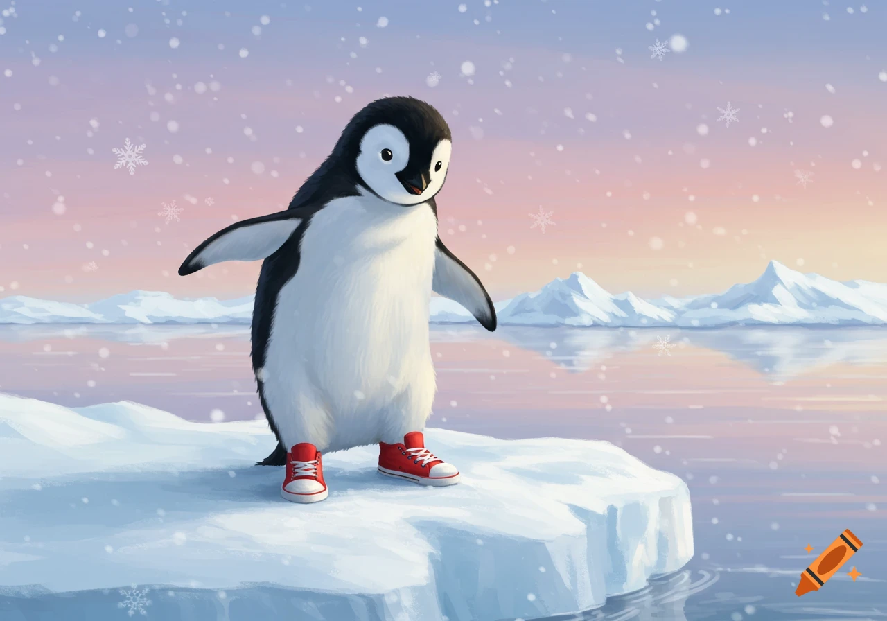 A cute illustrated baby penguin wearing red sneakers stands on an ice floe in a snowy winter landscape with mountains.