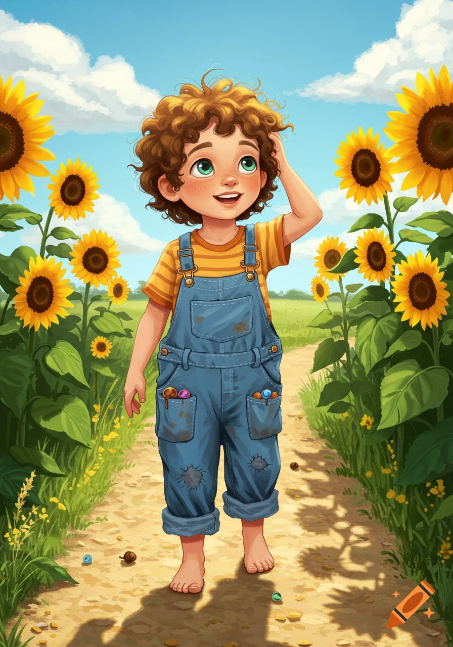 Happy curly-haired child in denim overalls stands barefoot on a dirt path among tall sunflowers under a blue sky, illustration.