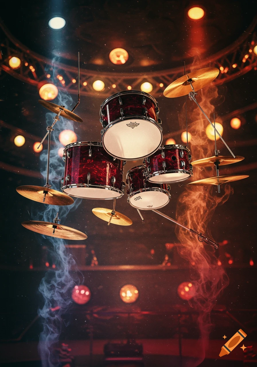 Photorealistic image of a suspended drumkit, with red sparkly drums and gold cymbals, illuminated by colorful stage lights and smoke.