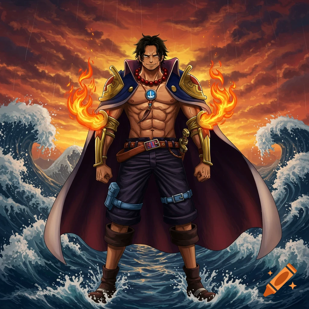 Anime art of Portgas D. Ace, a muscular man with flames on his arms, standing in choppy water under a fiery sunset.