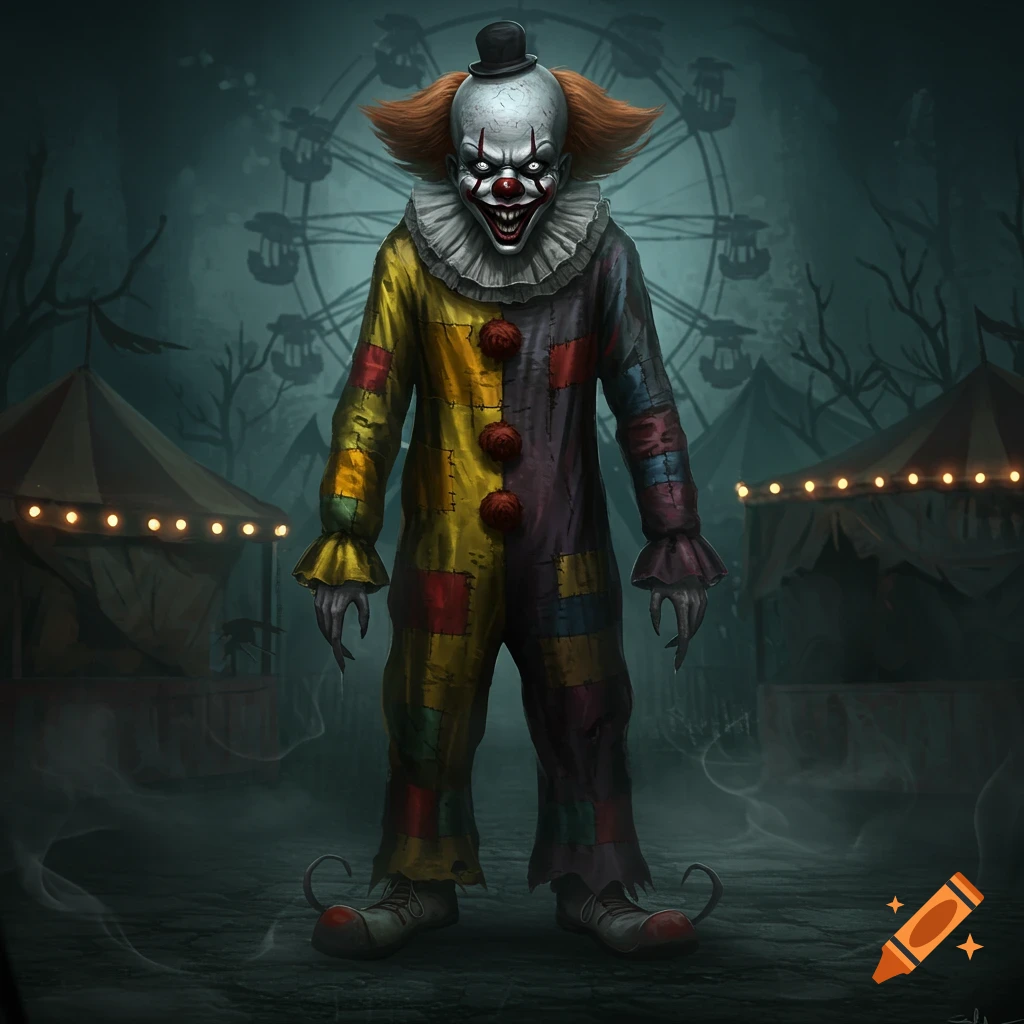 A terrifying clown in a patched colorful costume stands in a dark, abandoned carnival with a Ferris wheel in the background, digital art.