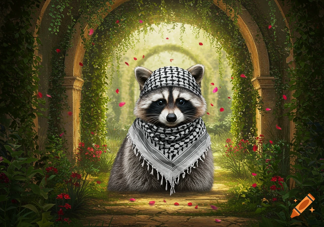 A photorealistic raccoon wearing a black and white keffiyeh sits in a lush, ivy-covered garden with stone arches and falling pink petals.