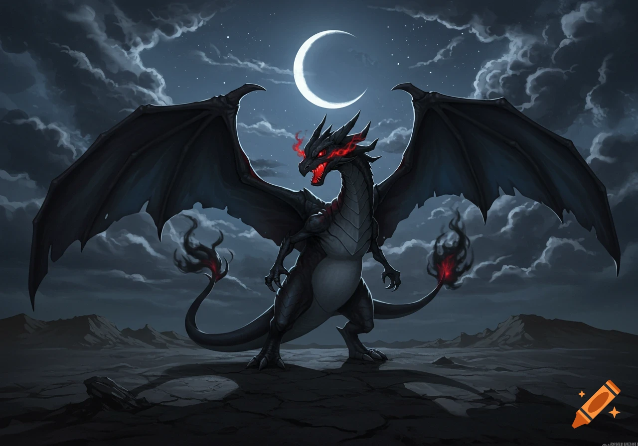 A dark dragon with glowing red eyes and spread wings stands under a crescent moon in a barren landscape at night.