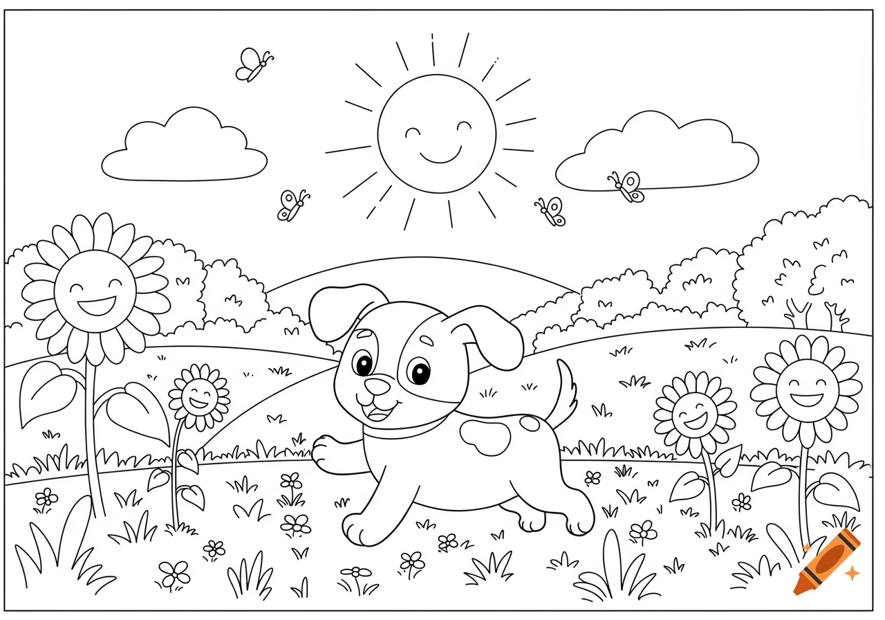 A line art coloring page of a happy puppy running through a field with smiling sunflowers, butterflies, and a happy sun.