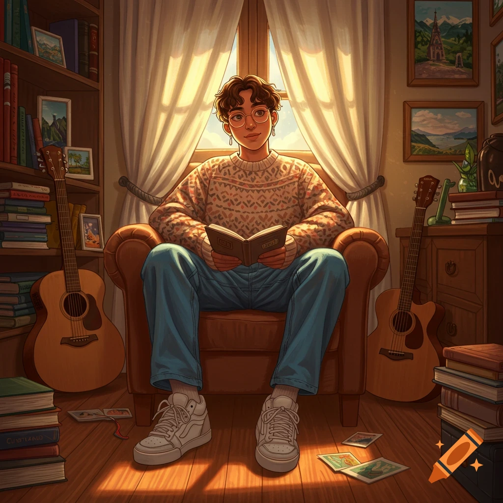 An illustrated person in a sweater and jeans reads a book in a sunlit room with bookshelves, guitars, and art.